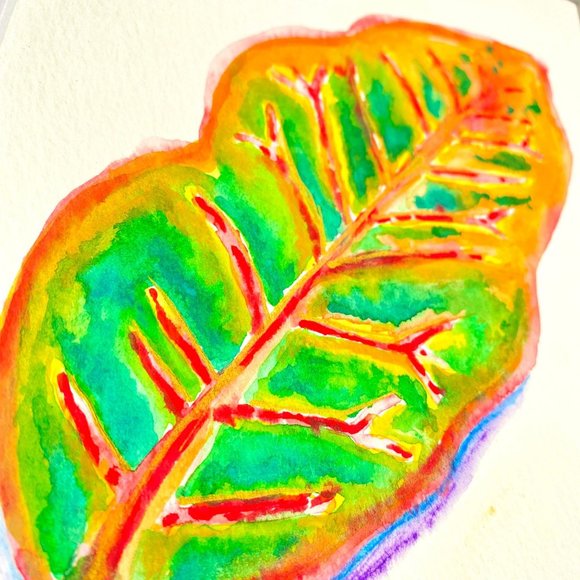 Colorful Croton II - Original Art Acrylic Marker Leaf Painting 8”x10” White Mat - Picture 5 of 8
